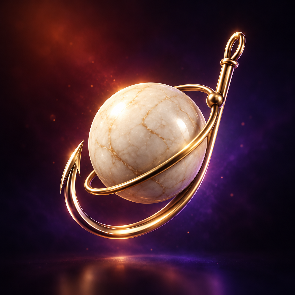Golden marbled planet embraced by a shining hook
